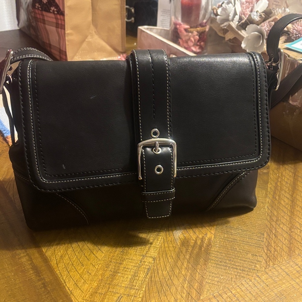 Coach Dark Leather Shoulder Bag with Buckle